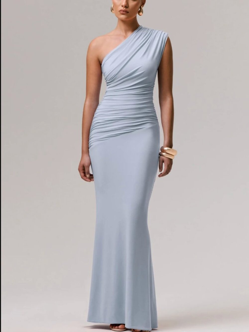 Club L London Mardi Powder Blue Asymmetric Maxi Dress With Ruching